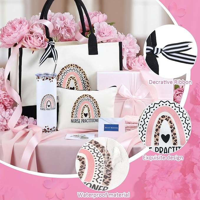 Geiserailie 8 Pcs Christmas Nurse Practitioner Gifts for Women Including Large Tote Bag Cosmetic Bags Tumbler Cup Plush Socks Metal Keychain Card and Envelope for Nurse Practitioner Thank You Gifts