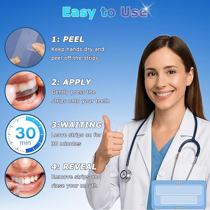 Teeth Whitening Strips, Clinically Tested for 4X Faster & Whiter, Enamel-Safe, Non-Slip Grip, Deep Stain Removal, Hydrogen Peroxide Formula for Lasting Relief, Vegan, 28 Ct (14-Day), Mint | HanrayCare