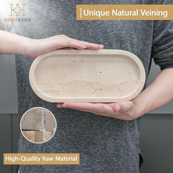 Bathroom Vanity Tray, Natural Marble Oval Tray 10 Inch, Beige Travertine Vanity Tray for Soap Dispenser Modern Countertop Organizer for Kitchen Countertops, Home Decor
