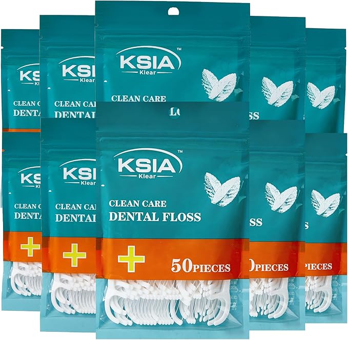 KSIA Klear Dental Floss Picks, 500 Count Tooth Picks Flossers, Dental Floss Cleaner, Dental Flossers for Family, Keep Teeth Clean, Remove Food and Plaque, with 10 Portable Sealed Pouches