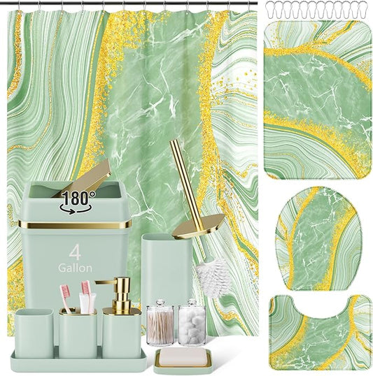 25PCS Bathroom Accessory Set, Green Bathroom Set with Large-Capacity 4 Gallon Trash Can,Bathroom Rugs Set, Waterproof Shower Curtain, Toilet Brush, Toothbrush Holder & Soap Dispenser