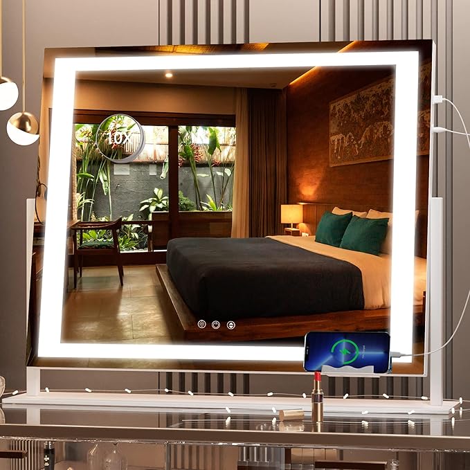 Hasipu Vanity Mirror with Lights, 24.2" x 19.7" LED Makeup Mirror, Light up Mirror with 10X Magnification and USB, Phone Holder, Smart Touch 3 Colors Dimmable, 360° Rotation (Right Angle White)