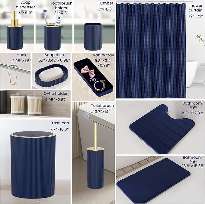 Navy Blue Bathroom Accessories Set - Bathroom Sets, 25PC Bath Accessory Set, Bathroom Sets with Push Top Trash Can, Shower Curtain and Rugs, Toilet Brush, Trash Can & Soap Dispenser