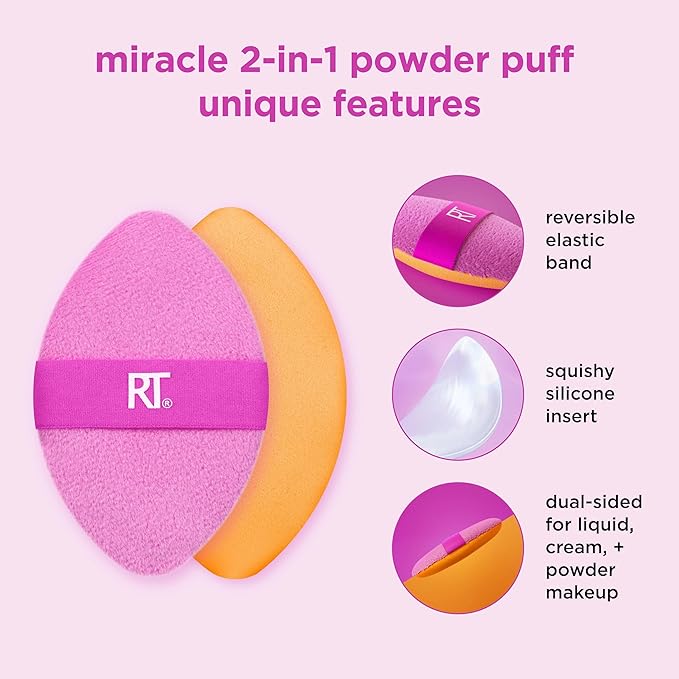 Real Techniques Miracle 2-In-1 Powder Puff 4 Pack, Dual-Sided, Full Size Makeup Blending Puff, Reversible Elastic Band, Makeup Sponge & Powder Puff, For Liquid, Cream & Powder Products, Cruelty-Free