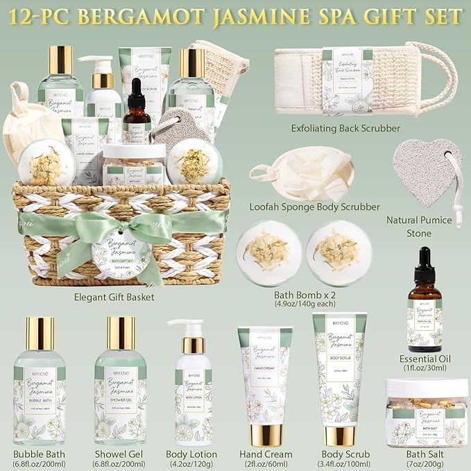 Birthday Gifts for Women, Bergamot Jasmine Relaxing Spa Gift Baskets for Women Self Care Package Bath Gift Set, Home Bath and Body Kit Pampering Valentines Day Gifts for Her Womens Mom Friends Sister
