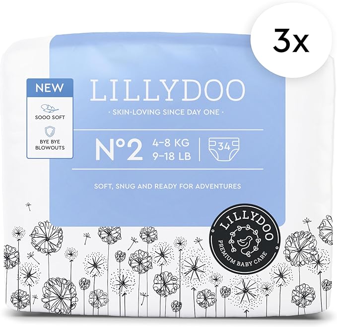 LILLYDOO Baby Diapers - Size 2 (9-18 lbs), Half-Monthly Supply (102 Count), Leak Protection, Skin-Friendly, Ultrasoft, Perfume- & Chlorine-Free, Hypoallergenic, dermatologically Tested, Oeko-TEX®