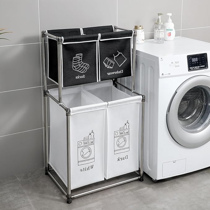 2-3 Tier Laundry Hamper with Removable Fabric Bins, Freestanding Laundry Sorter Organizer with Hooks, Foldable Sorting Basket for Bedroom, Bathroom & Dorm (2-Tier)