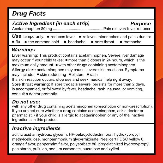 Children's Acetaminophen 24 Strips | Pain Reliever & Fever Reducer | Fast-Acting Support for Cold & Flu Symptoms | Oral Chewable Strips for Kids Ages 2-9 | Travel Size, Orange Flavor