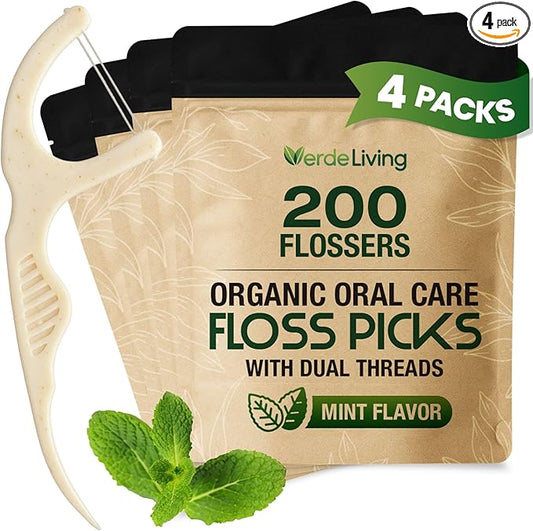 Double Thread Biodegradable Floss Picks (200-Count) - Mint Flavoured Eco-Friendly Plant-Based Dental Flossers for Tight Teeth - Plastic-Free Floss with Ergonomic Design for Sensitive Gums