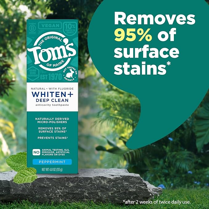 Tom’s of Maine Whiten Plus Deep Clean Whitening Toothpaste, Natural Whitening Toothpaste with Plant-Based Cleansers, Enamel Safe Formula, Whitens Without Causing Sensitivity, Peppermint, 4.0 oz