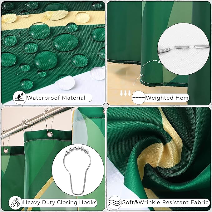 Green Bathroom Set, Bathroom Sets with Stripe Shower Curtain, Green and Gold Bathroom Accessories with Trash Can, Soap Dispenser, Soap Dish, Toilet Brush Holder, Qtip Holders for Bathroom