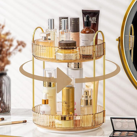 360 Rotating Makeup Organizer for Vanity, Bathroom Countertop Spinning Perfume Organizer, High-Capacity Cosmetic and Skincare Dresser Make Up Holder Rack (2 Tiers, Yellow)