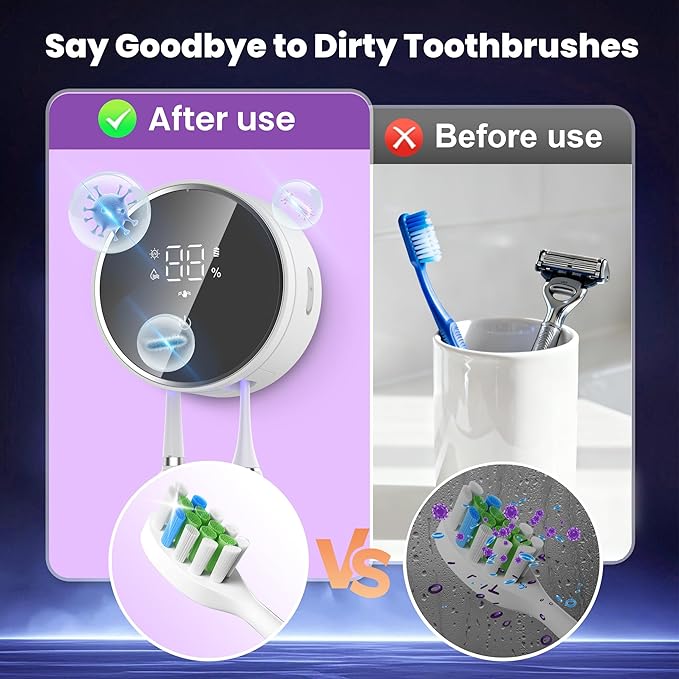 Toothbrush Holder and Cleaner Razor Holder and Dryer Auto Open/Close Cover Rechargeable Wall-Mounted Suitable for Most Toothbrushs(Off White)