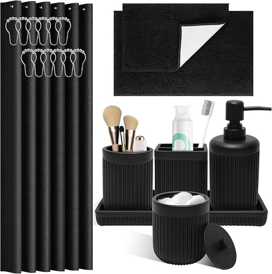 8-Piece Matte Black Bathroom Set - Luxury Resin Bathroom Accessories Sets Complete with Shower Curtain and Rugs, Soap Dispenser, Toothbrush Holder, Cup, Apothecary Jars & Tray