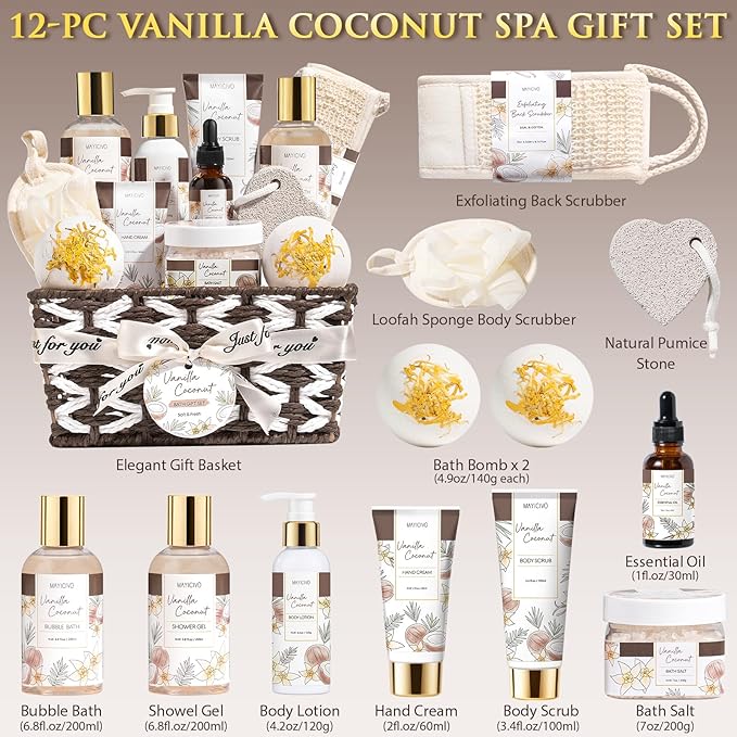 Birthday Gifts for Women, Vanilla Coconut Relaxing Spa Gift Baskets for Women Self Care Package Bath Gift Set, Home Bath and Body Kit Pamper Valentines Day Gifts for Her Womens Mom Friends Sister Wife