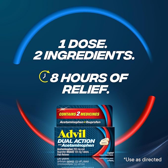 Advil Dual Action Coated Caplets with Acetaminophen, 250 Mg Ibuprofen and 500 Mg Acetaminophen per Dose (2 Dose Equivalent) for 8 Hour Pain Relief - 216 Count