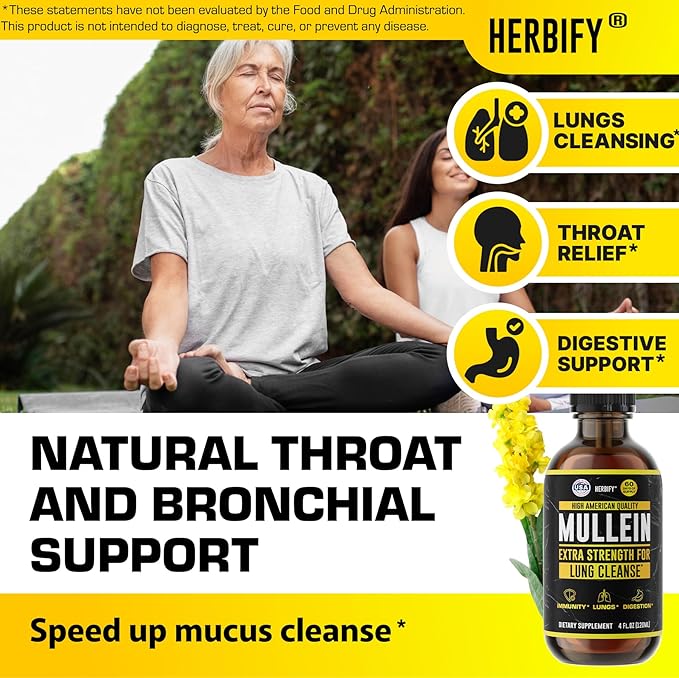 HERBIFY Mullein Drops - Lung Cleanse - Leaf Extract - Powerful Mullein for Immune Support,Detox & Respiratory Support - Made in USA - Lung Cleanse for Smokers - 4 Oz