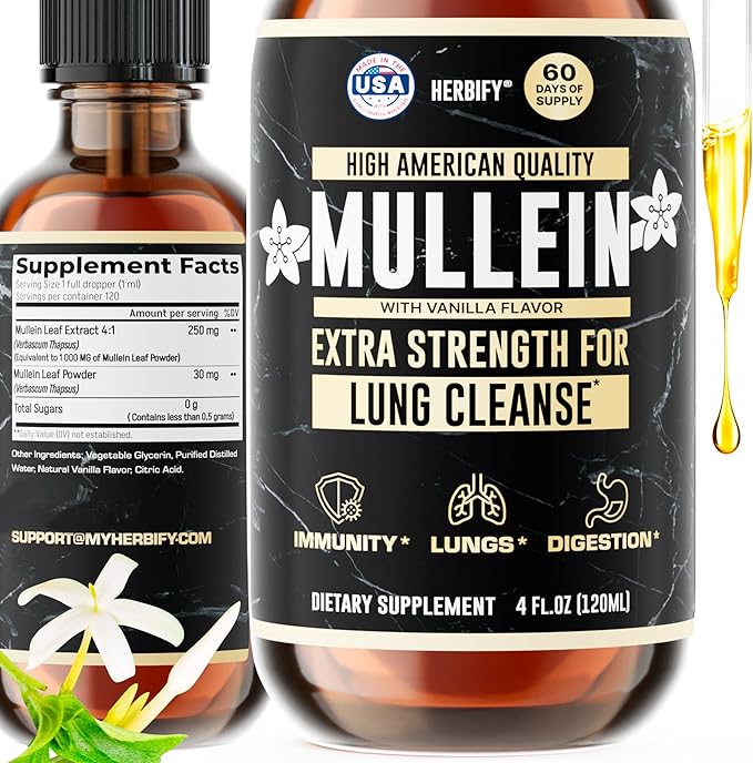 HERBIFY Mullein Drops - Lung Cleanse - Leaf Extract - Powerful Mullein for Immune Support, Detox & Respiratory Support - Made in USA - 4 Oz Vanilla Flavor
