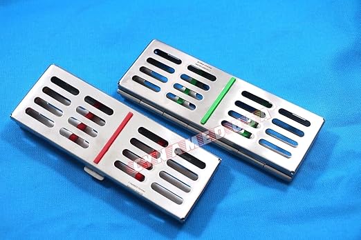 German Stainless 2 EA Dental Sterilization Cassette Rack Tray Box for 5 Instruments RED and Green