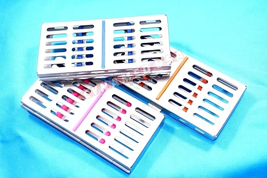 German Stainless 3 Dental Sterilization Cassette Rack Tray Box for 7 Surgical Instruments Set of 3 Colored