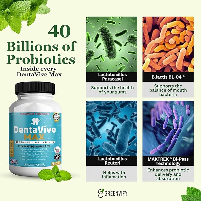 DentaVive Max Probiotic Supplement, 40 Billion CFU, 60 Capsules, Premium Oral Health Support for Teeth, Gums, Digestive Health (1)