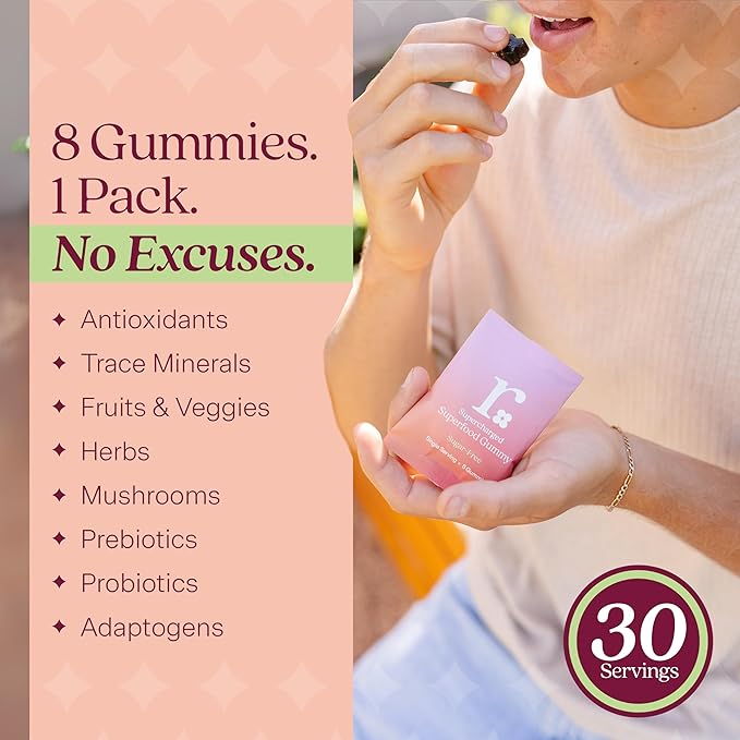 Rizz Sugar-Free Green Gummies - 60+ Superfoods 6g Fiber - Prebiotic and Probiotic Gummies - Vegan Multivitamins for Women & Men - Gluten Free - Mushroom, Fruit and Vegetable Supplements -30 Day Supply