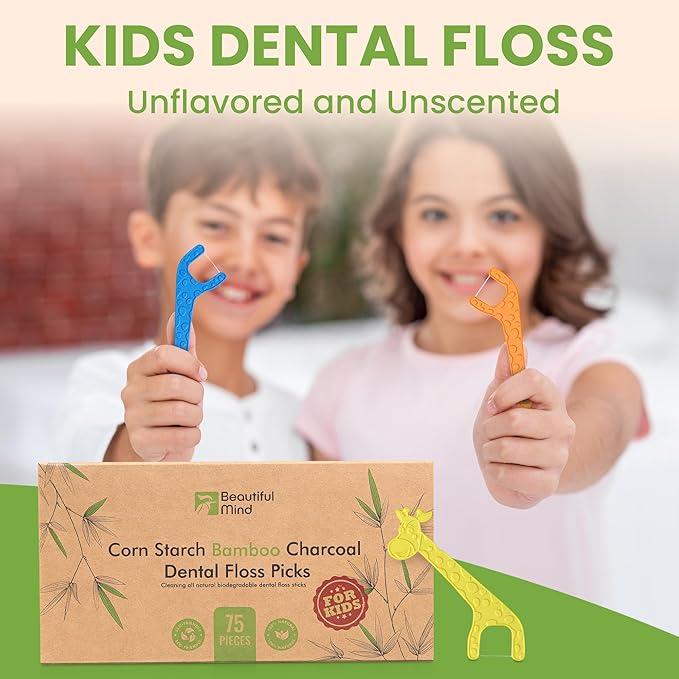 Dental Floss Picks for Kids 75 Pack – Unflavored, No Fluoride Oral Tooth Flossers – Biodegradable Flossing Sticks with Charcoal Infused Thread – Giraffe Toothpick for Toddler Teeth – Travel Case Size