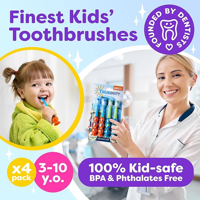 Trueocity Kids Toothbrush 4 Pack - Soft Contoured Bristles - Child Sized Brush Heads (3-10 Year Old) - Suction Cup for Fun & Easy Storage - Girl & Boy Set (Blue & Orange)