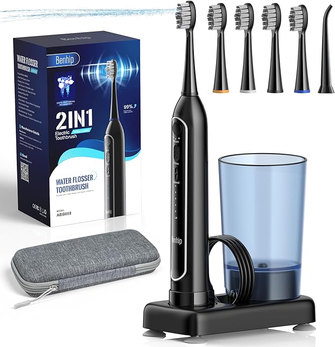 Electric Toothbrush with Water Flosser – 3 Sonic Toothbrush Modes & 5 Water Flossing Pressure – Fast Charging & IPX7 Waterproof – Portable Travel Case Included, Black