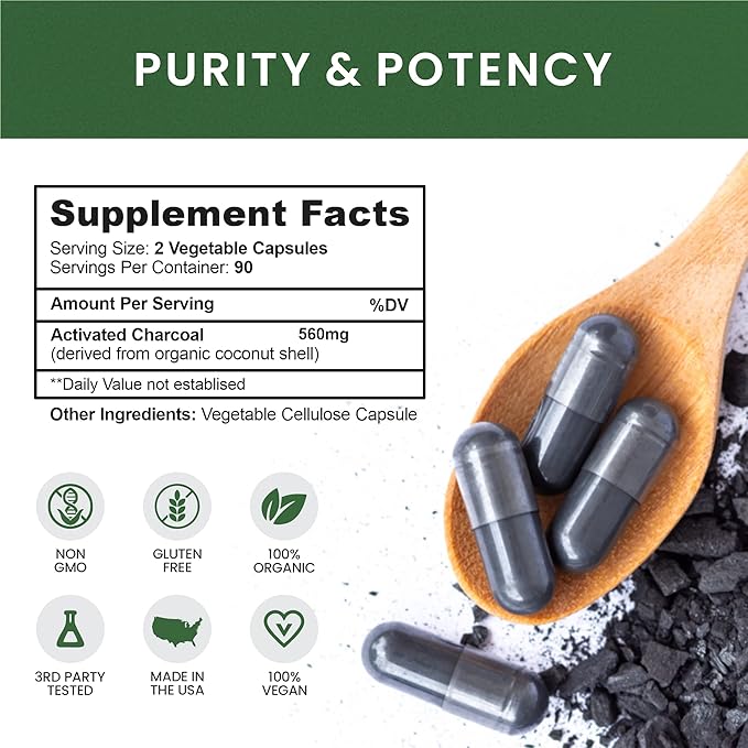 Coconut Activated Charcoal Capsules, 180 Charcoal Capsules, Teeth Whitening, Helps Constipation, Bloating, Stomach Gas, Heartburn, Pure Coconut Derived Supplement (3)