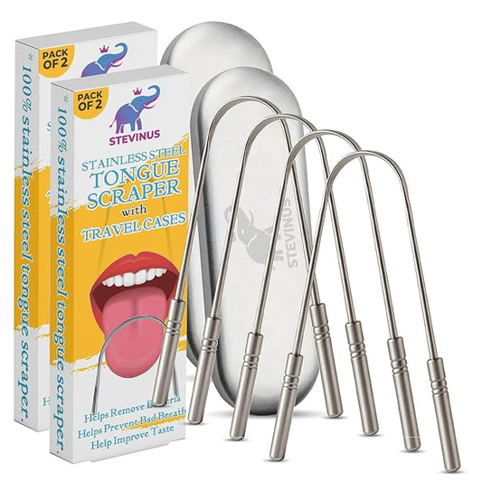 Tongue Scraper, 100% Stainless Steel Tongue scraper for Adults And Kids, Professional Tongue cleaner for Oral Care, Improve Bad Breath and Hygiene (4 scraper with 2 travel case)