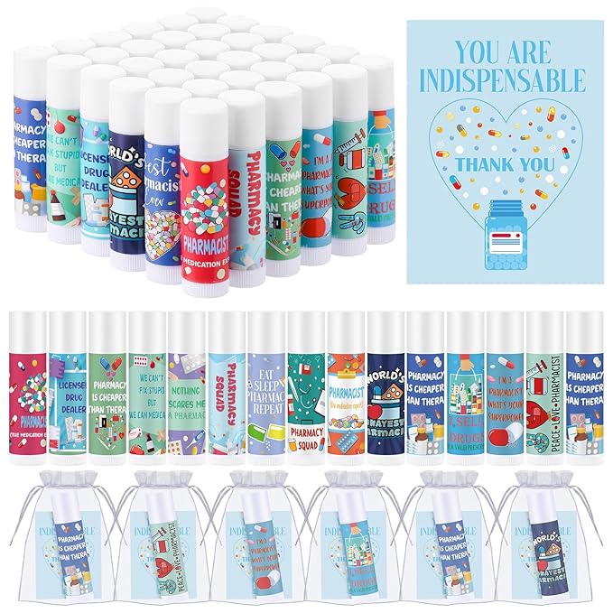 36 Set Pharmacy Gift Bulk Pharmacist Technician Funny Lip Balm Thank You Tag Organza Bag National Pharmacist Day Appreciation Gift for Medicine Tech Nurse Doctor Valentine's Day Accessories