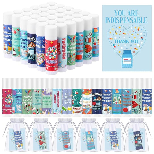 36 Set Pharmacy Gift Bulk Pharmacist Technician Funny Lip Balm Thank You Tag Organza Bag National Pharmacist Day Appreciation Gift for Medicine Tech Nurse Doctor Valentine's Day Accessories