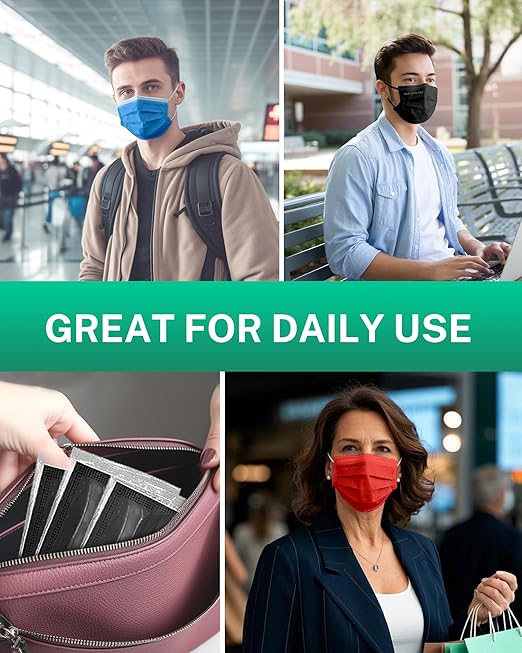 Disposable Face Masks Made in USA, 4 Ply for Families, Students, Breathable All-Day Wear & Safety, FSA HSA Eligible, ASTM Level 3 Medical Grade, 100 Pack Individual Wrap, Black