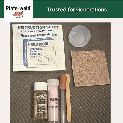 Plate-Weld Temporary Emergency Denture Repair Kit – Repairs Cracks, Breaks and Replaces Loose Teeth in Denture Plates – Easy at-Home Emergency Fix