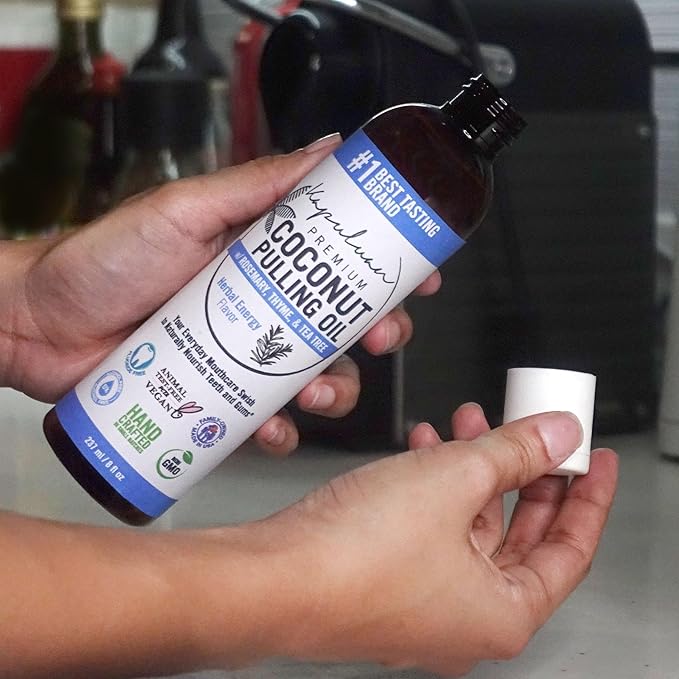Kapuluan Coconut Oil Pulling for Teeth and Gums Mouthwash, 100% Pure and Natural, Non-GMO, Ayurvedic– with Rosemary, Thyme, and Tea Tree Essential Oil