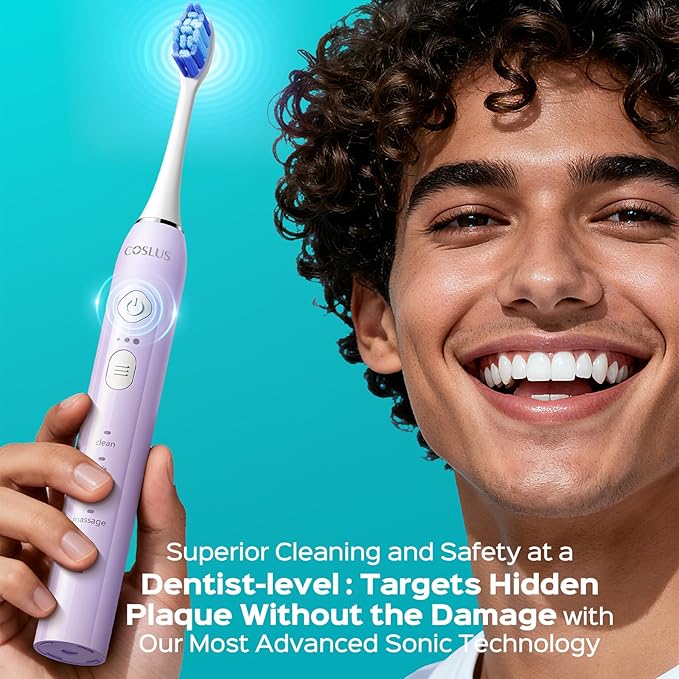 COSLUS Sonic Electric Toothbrush for Adults & Kids: 3 Intensities & 5 Modes Gum-Friendly for Deep Cleaning & Whitening - 2 Types of Heads for Family, Sensitive Teeth, Brace, Travel Home, Purple, 1PC