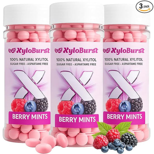 XyloBurst - Xylitol Mints | Sugar Free Breath Mints for Oral Health | Gluten Free, Vegan, Keto Friendly | Aspartame Free Mint | Berry | 200 Count Jar, 3-Pack