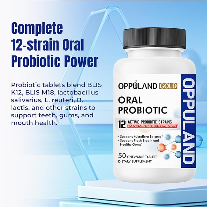 Oral Probiotic with 12 Probiotic Strains, BLIS K12 M18, B. lactis & L. Reuteri - Dental Care - Fresh Breath & Gum Health - Easy to Take for Adults & Kids - Scentless - 50 Chewable Tablets