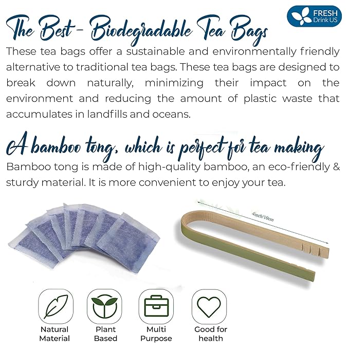 FreshDrinkUS, Premium 55 Tea Bags Blue Butterfly Pea Flowers, 100% Natural and Pure from Butterfly Pea Flowers, Made With Natural Material Tea Bag, No Sugar, No Caffeine, No Gluten, Vegan