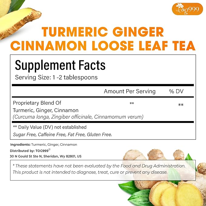 TOG999, Premium 6oz/100 cups Ginger Turmeric Cinnamon Loose Leaf Herbal Tea. Improve Digestion, Support Brain, Weight, Skin and Sleep. Premium Quality Spiced Blend. No Sugar, No Caffeine, No Gluten, Vegan.