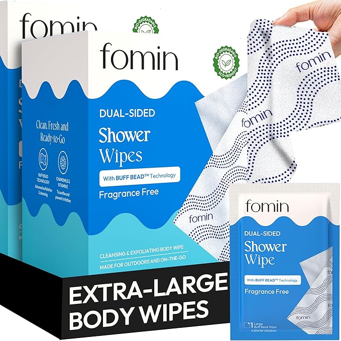 FOMIN Travel Shower Wipes - 10 Pack - No Rinse XL Bathing Wipes with Vitamin E - Fragrance-Free Full Body Wipe for Adults - Individually Wrapped Waterless Bath Wipe for Hygiene, Camping, & Gym