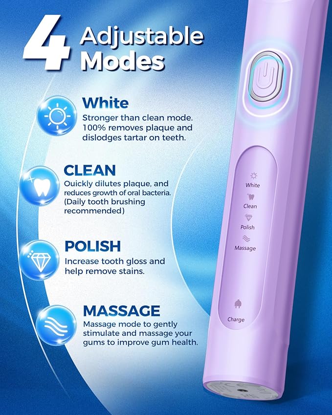 TEETHEORY Rotating Electric Toothbrush for Adults with 8 Brush Heads (2 Types), 4 Modes Deep Clean Electric Toothbrush with Rechargeable Power and 2 Min Smart Timer (6-Purple, p1)