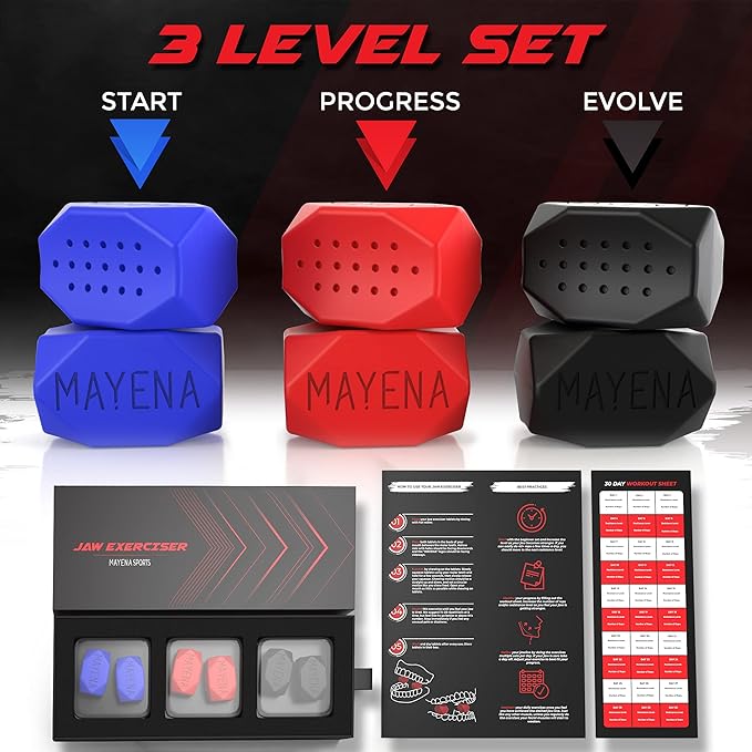 Mayena Jaw Exerciser for Men & Women | 3 Resistance Levels (6 pcs) Silicone Jawline Shaper Set | Powerful Jaw Trainer for Beginner, Intermediate & Advanced Users | Slims & Tones the Face