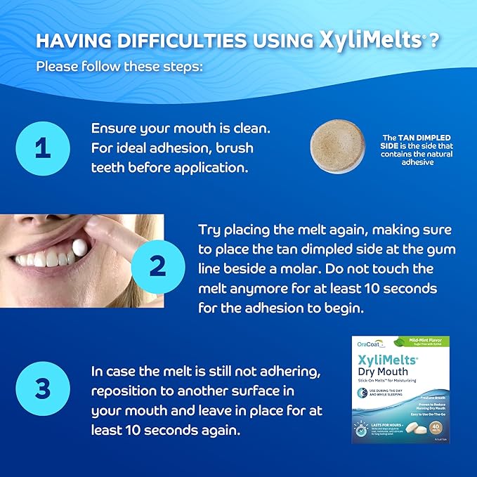 Oracoat XyliMelts for Dry Mouth Night Time or Day - Moisturizing Dry Mouth Adhering Discs, Sugar Free with Xylitol, 40 Count - Pack of 3, Mild Mint Flavor, 8-Hour Relief