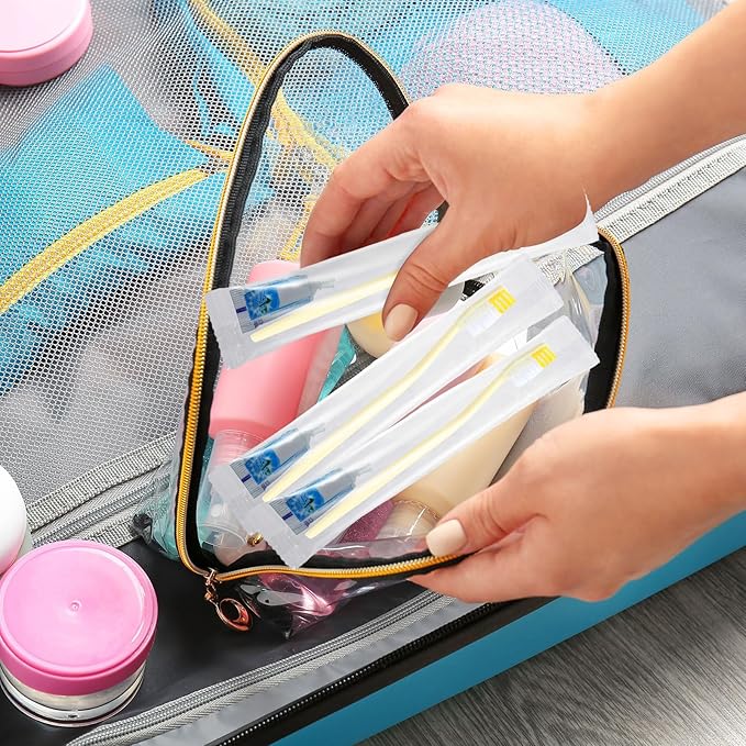 meekoo 200 Set Disposable Toothbrush with Toothpaste Individually Wrapped Travel Toothbrush Kit Homeless Hygiene Kit Bulk for Travel Hotel Shelter Homeless Nursing Home(Gold, Classic)