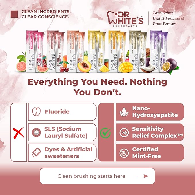Dr. White’s Fruit by Design™ Line — Cherry Bloom Fluoride-Free Nano-Hydroxyapatite Toothpaste, 3.5 oz | Mint-Free | Dentist-Formulated | Enamel-Identical Mineral Care