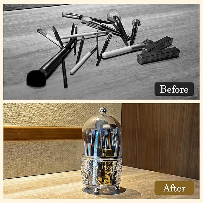 Makeup Brush Holder with Lid Cosmetic Tools Organizer 360 Rotating Make up Brushes Storage for Vanity, Waterproof & Dustproof (Clear)
