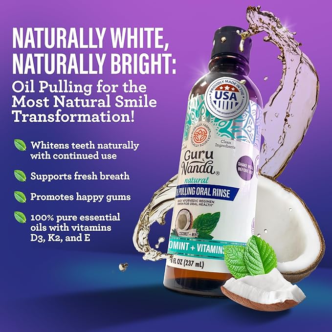 GuruNanda Total Smile Makeover Kit Charcoal with Cocomint Oil Pulling, Dual Barrel Whitening Mouthwash, Whitening Strips & Charcoal Butter on Gums Toothbrushes
