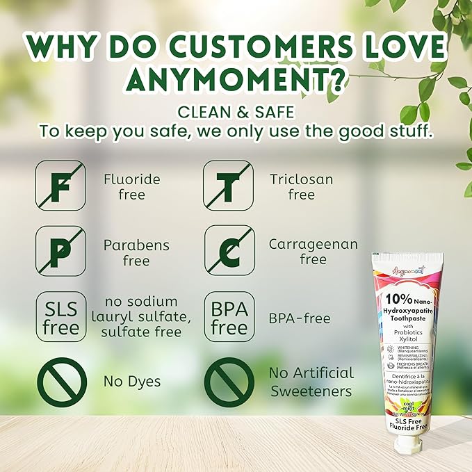 Anymoment 10% Nano Hydroxyapatite Toothpaste (Fluoride Free), Whitening*, Supports Enamel Care*, Appropriate for Sensitive Teeth*, SLS Free, Xylitol nHA Toothpaste for Adults, Mint 4oz (Pack of 2)